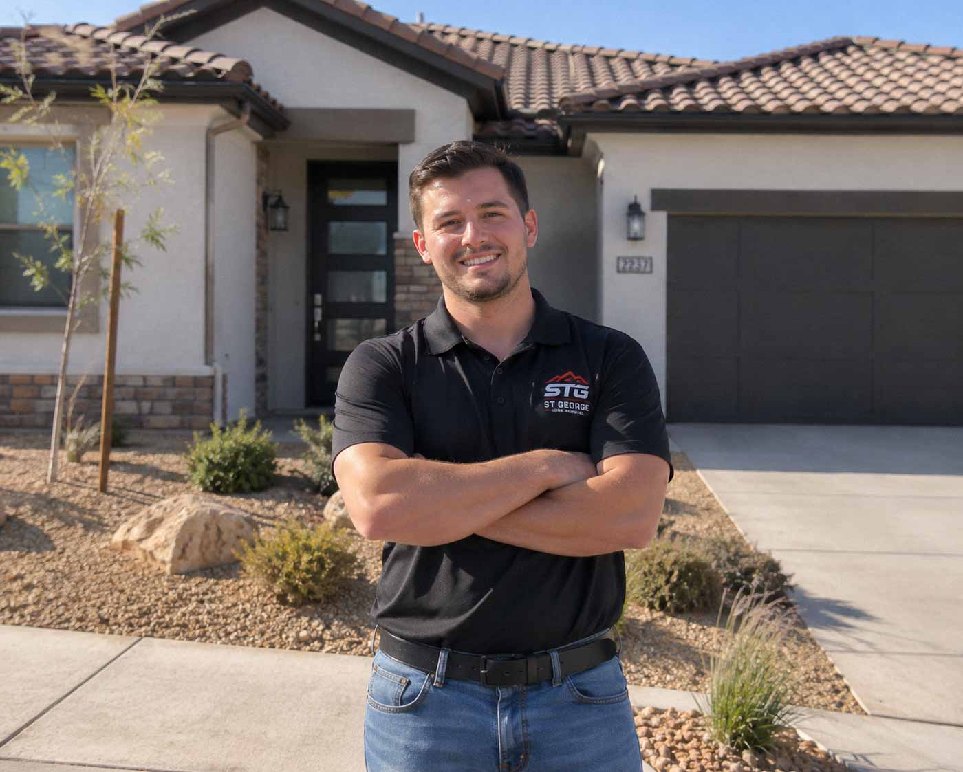 Junk removal owner standing in front of St George, UT home