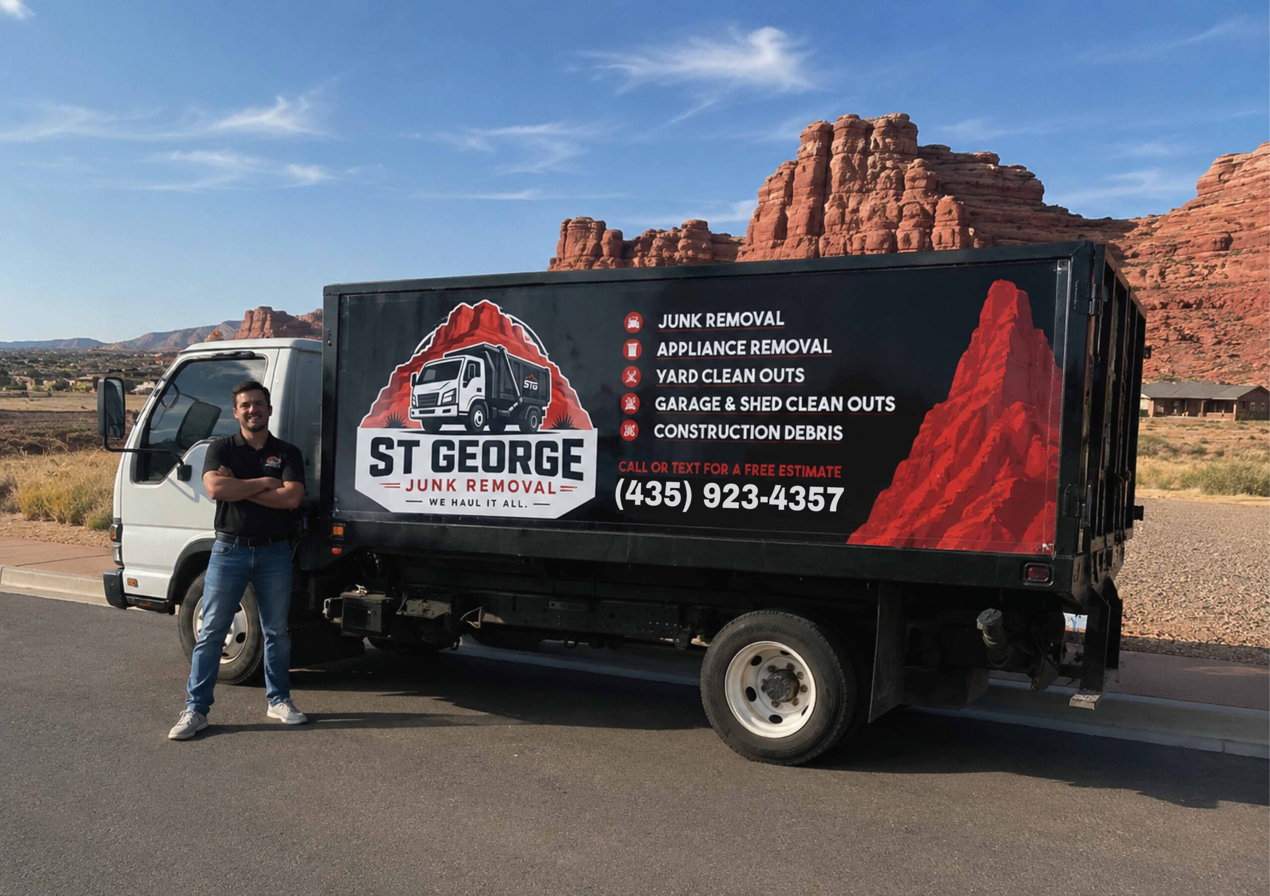 Junk removal professional standing in front of a residential St. George home