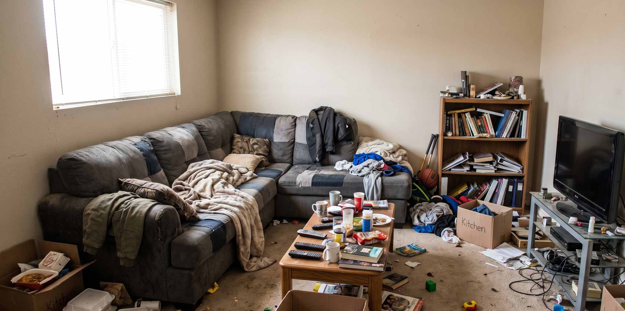 A cluttered and messy living room inside a small rental house filled with abandoned boxes, scattered papers, and junk, prepared for tenant cleanouts in St. George Utah.