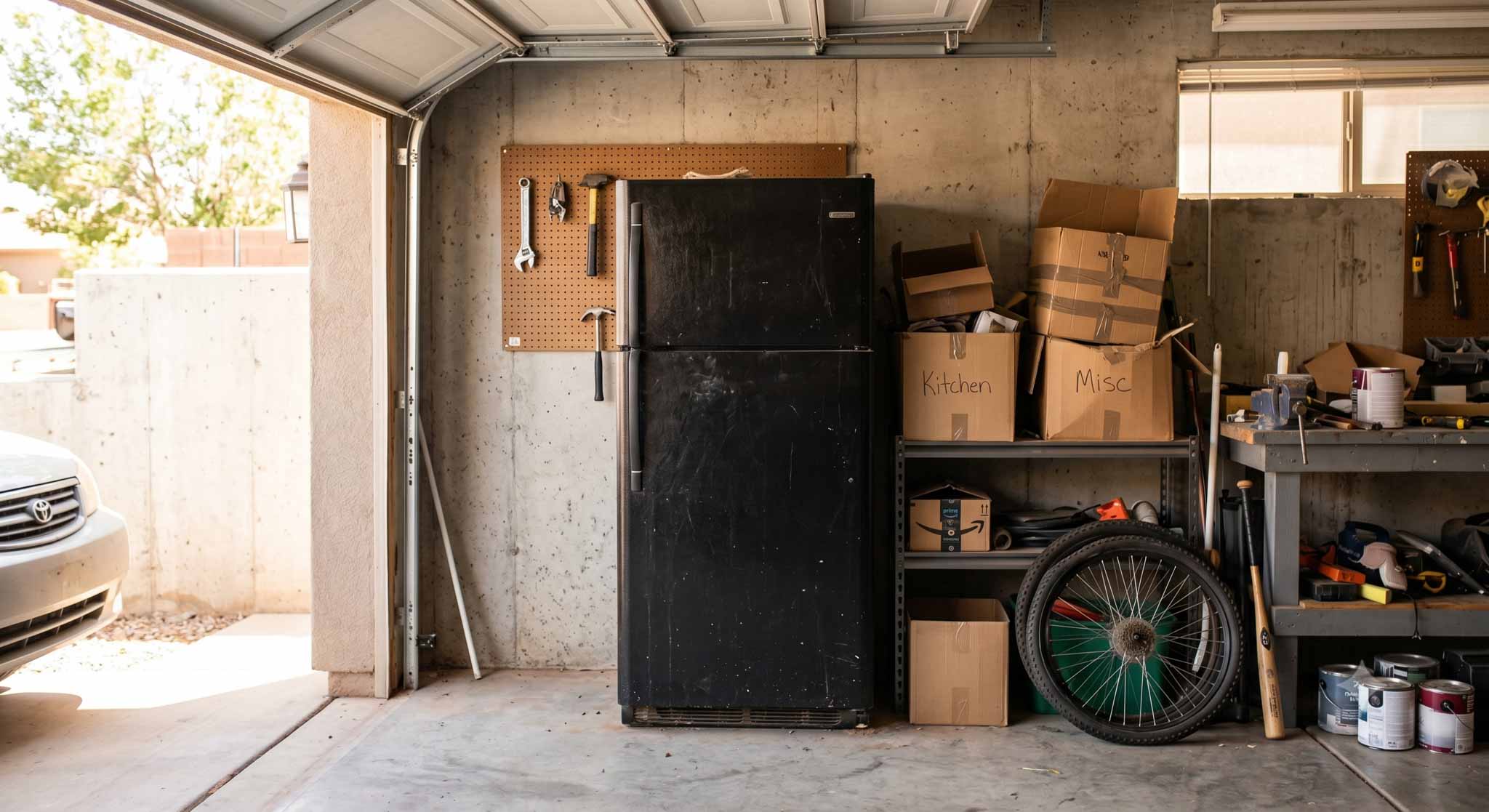 A dirty black refrigerator sitting inside a residential garage next to packed boxes, ready for appliance removal in St. George Utah.