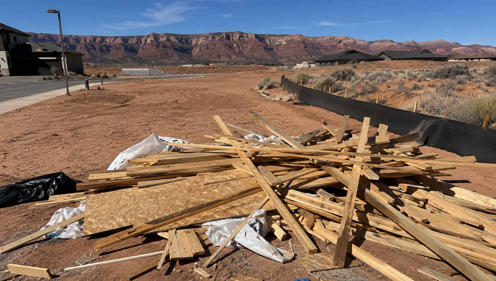 heavy pile of renovation scrap including drywall pieces, shattered ceramic tiles, and scrap timber sitting on a residential driveway for construction debris removal in St. George Utah.